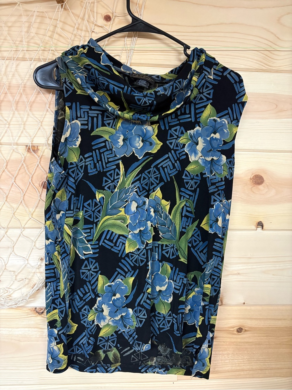 Sleeveless Floral Cowl Neck Tank Top w/matching skirt - Black with Blue & Green